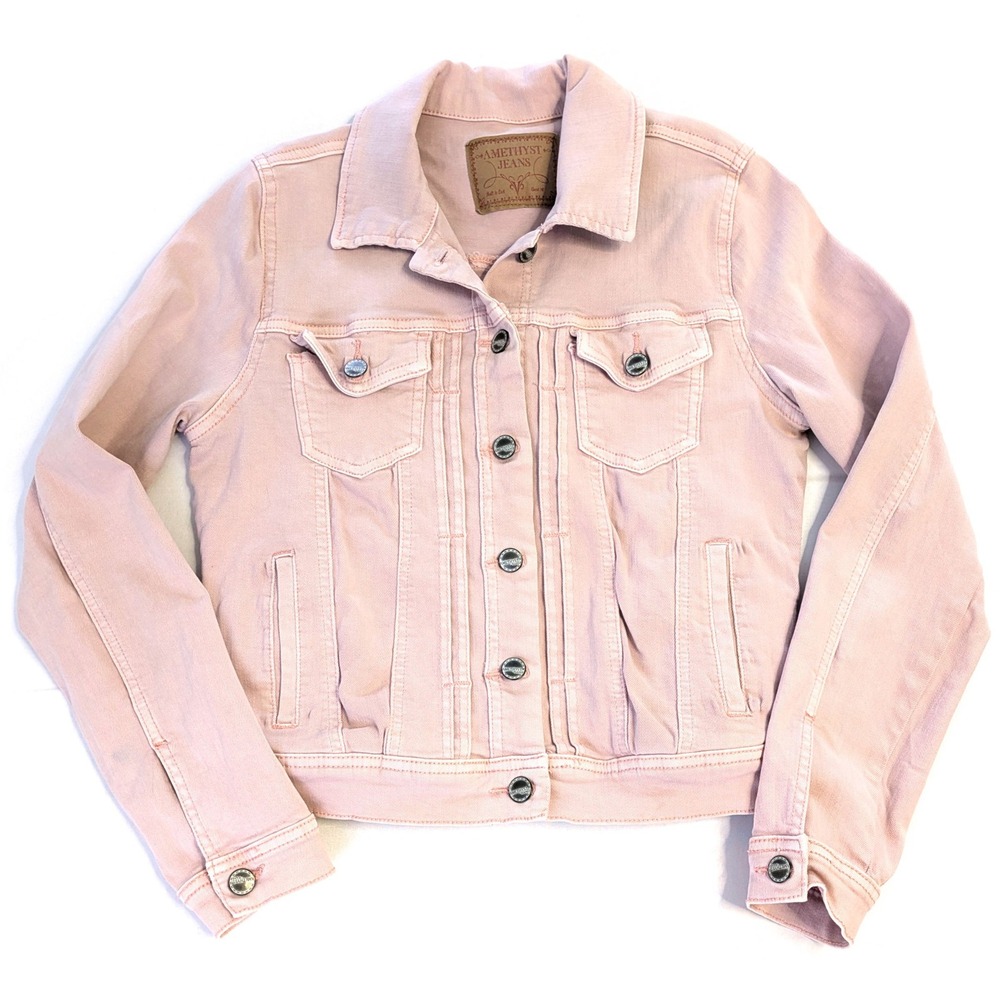 Amethyst Jeans Womens Pink Denim Trucker Jacket Size M Stretch Cotton